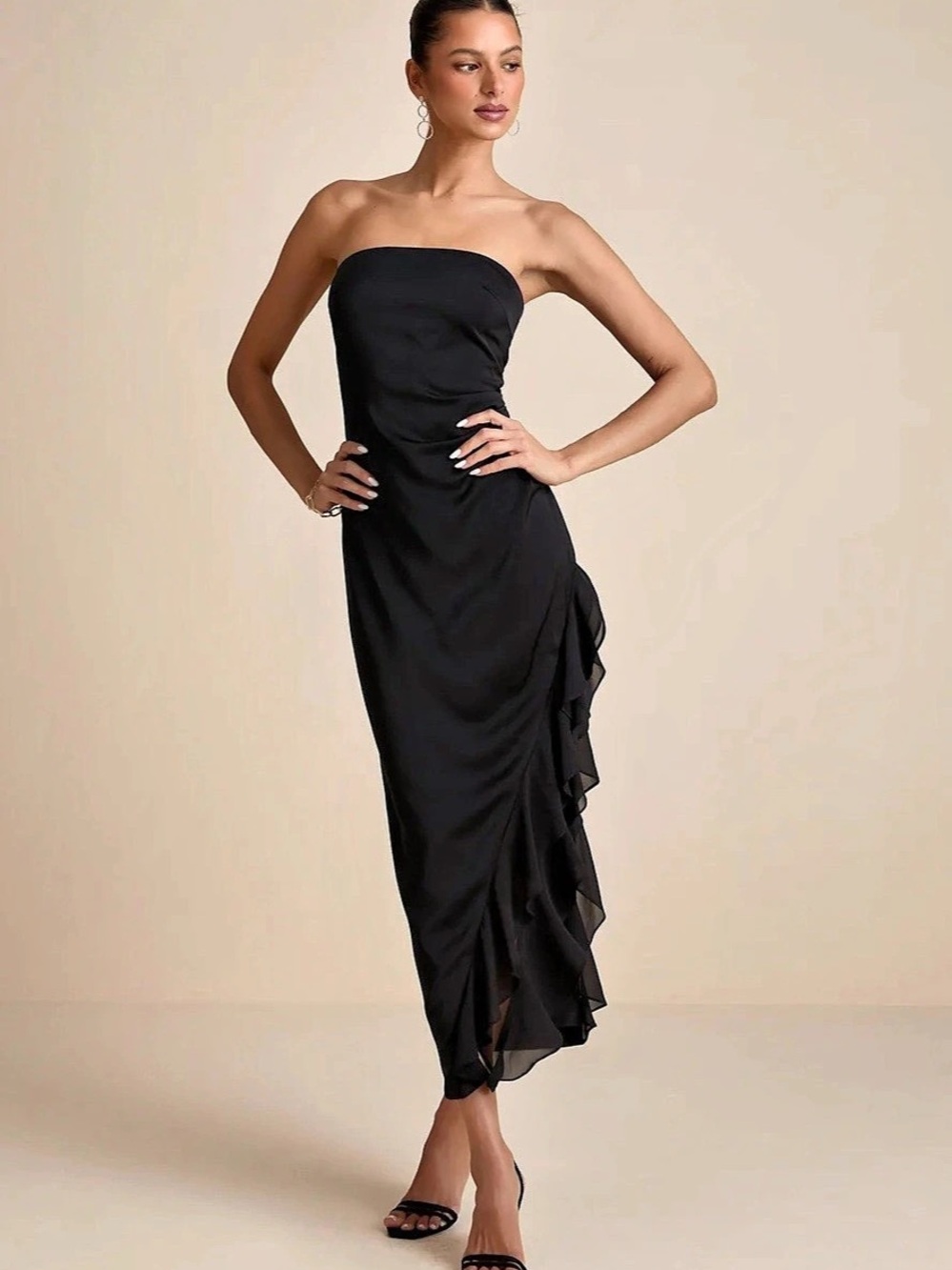 Lulus Graceful Perfection Black Satin Ruffled Strapless Midi Dress